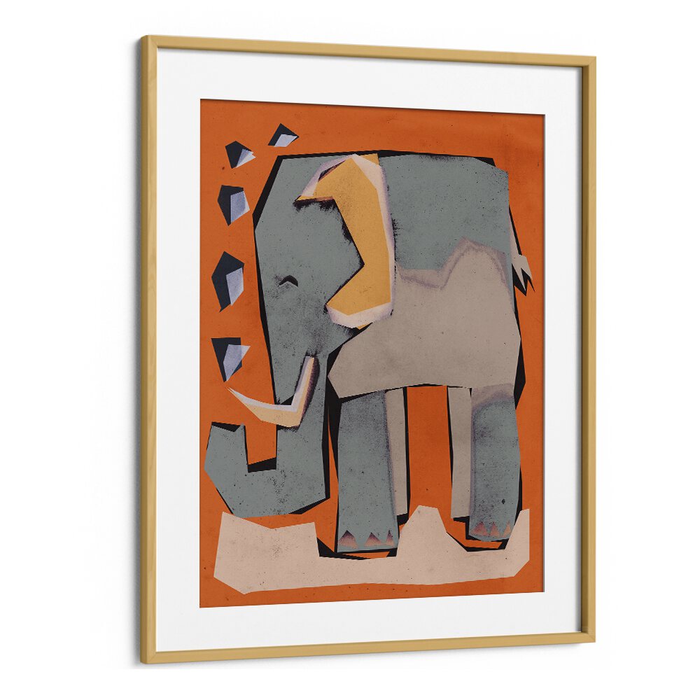 Happy Elephant by Treechild Kids Room Art in Oak Wood Frame With Mount