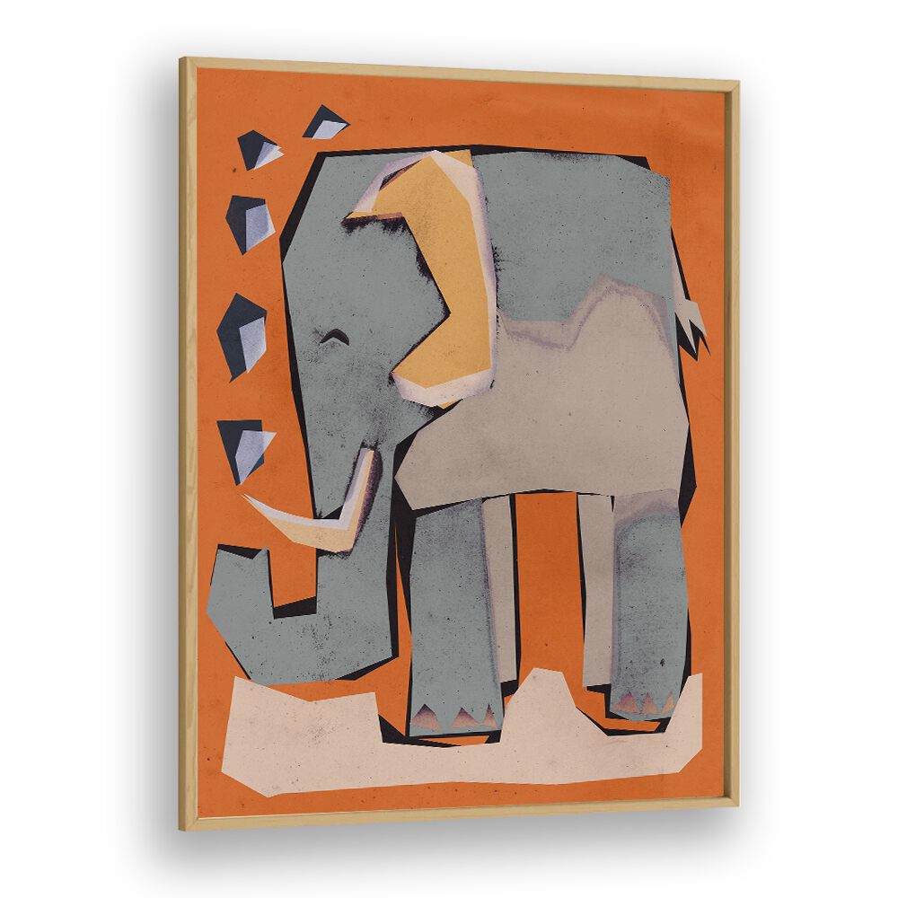 Happy Elephant by Treechild Kids Room Art in Oak Wood Plain Frame