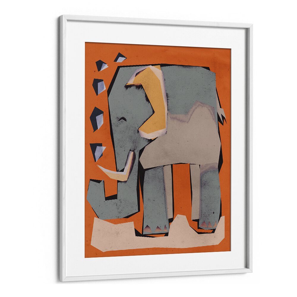 Happy Elephant by Treechild Kids Room Art in White Frame With Mount