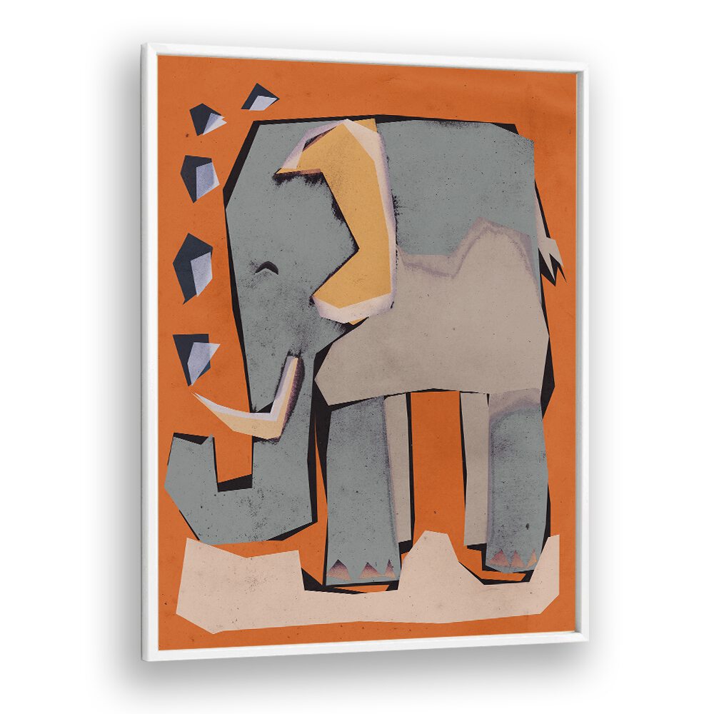 Happy Elephant by Treechild Kids Room Art in White Plain Frame