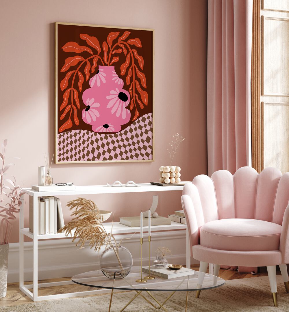 Happy Fern Fall By Miho Art Studio Botanical Art Prints Floral Paintings in Oak Wood Plain Frame placed on a Pink Colored Wall above a Console Table in the Drawing Room