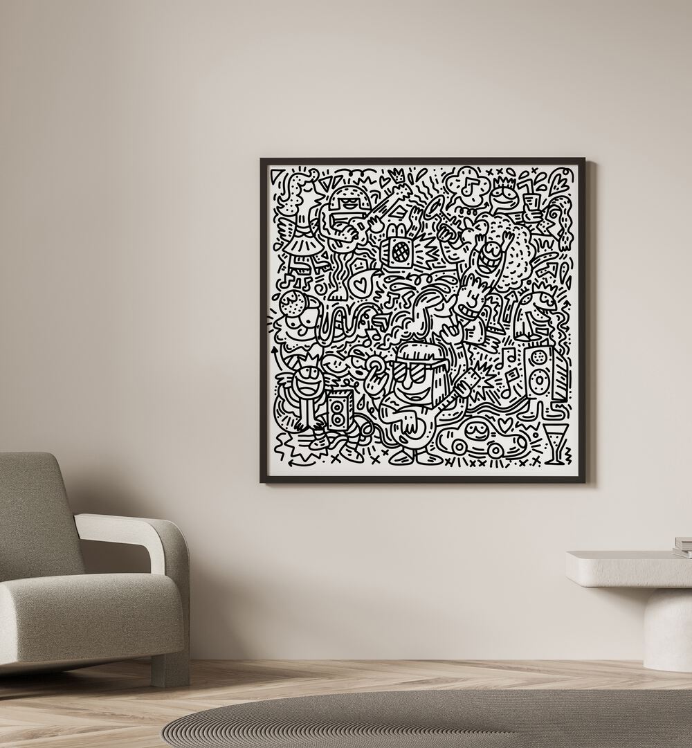 Happy Hippie Doodle By Miho Art Studio  Botanical Prints in Black Plain Frame placed on the wall beside the sofa chair.