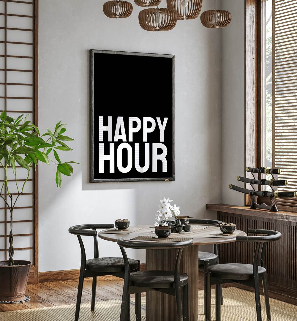 Happy Hour by Athene Fritsch Quotes and Typography Posters in Black Plain Frame placed on a wall in a dining room area beside a window and behind a dining table