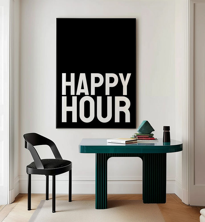 Happy Hour by Athene Fritsch Quotes and Typography Posters in Gallery Wrap placed on a wall behind a study table