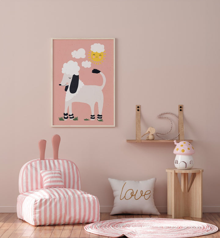 Happy Poodle By Treechild Kids Room Wallart in White Plain Frame placed on a Pink Colored Wall in the Kids Room