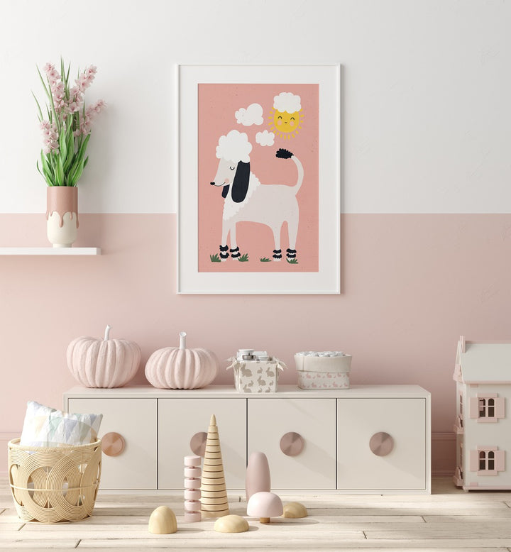 Happy Poodle By Treechild Kids Room Wallart in White Frame With Mount placed on a Pink Colored Wall in the Kids Room