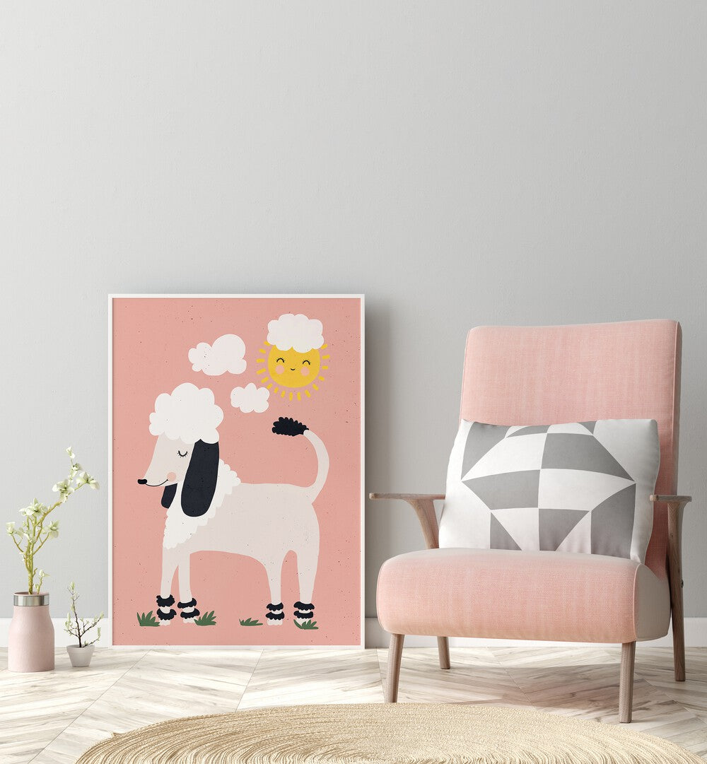 Happy Poodle By Treechild Kids Room Wallart in White Plain Frame placed on the floor near a Grey Colored Wall in the Drawing Room