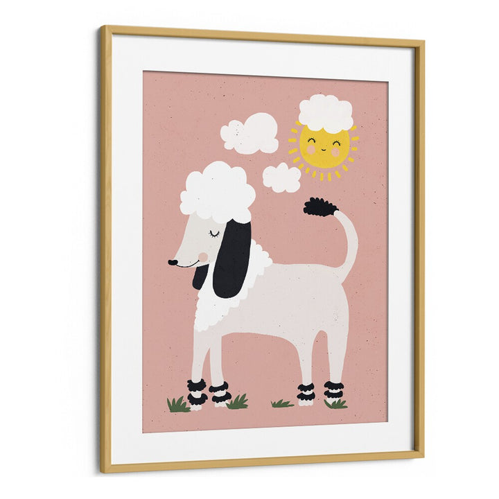 Happy Poodle By Treechild Kids Room Wallart in Oak Wood Frame With Mount