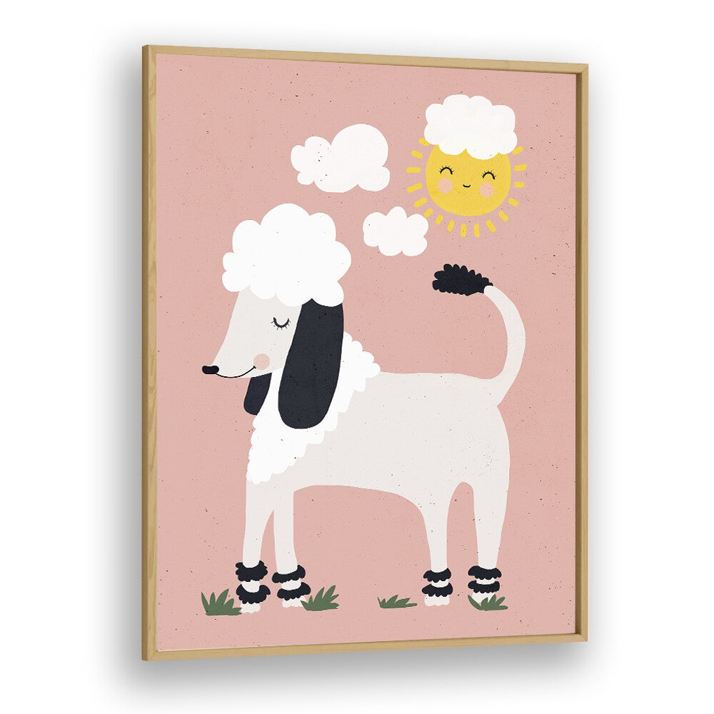 Happy Poodle By Treechild Kids Room Wallart in Oak Wood Plain Frame