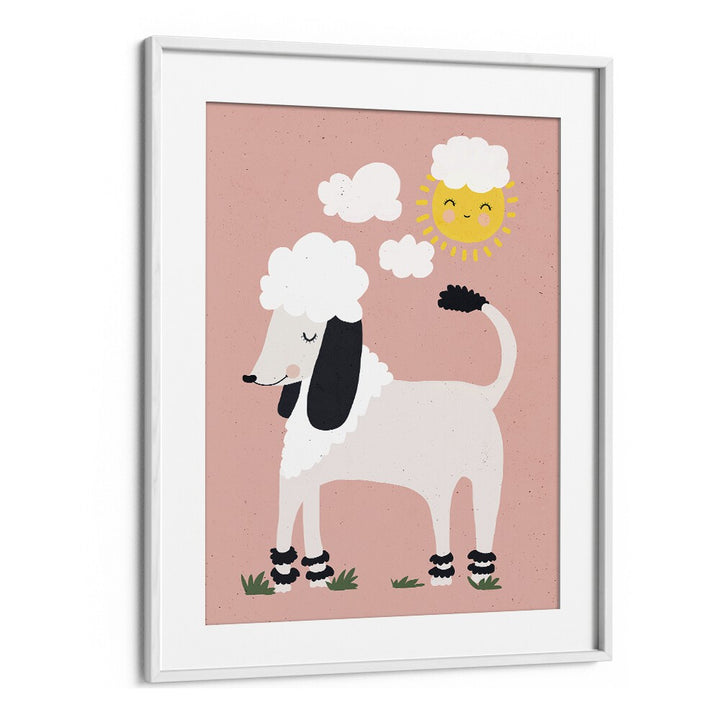 Happy Poodle By Treechild Kids Room Wallart in White Frame With Mount