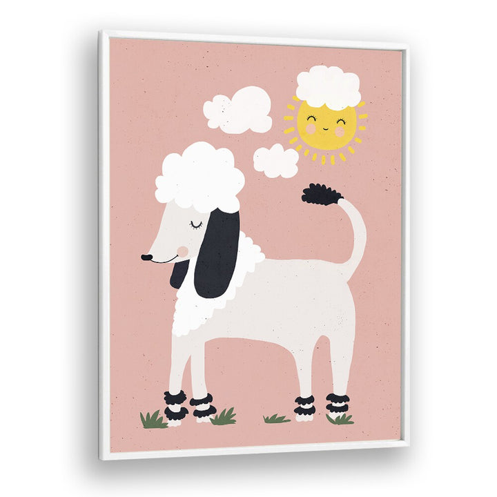 Happy Poodle By Treechild Kids Room Wallart in White Plain Frame