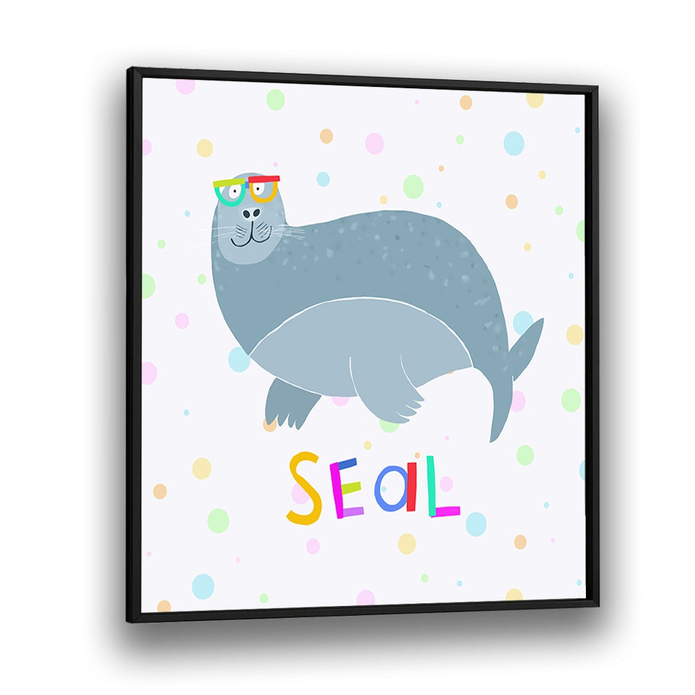 Happy Seal Wearing A Large Pair Of Glasses By Carla Daly Kids Room Painting in Black Plain Frame