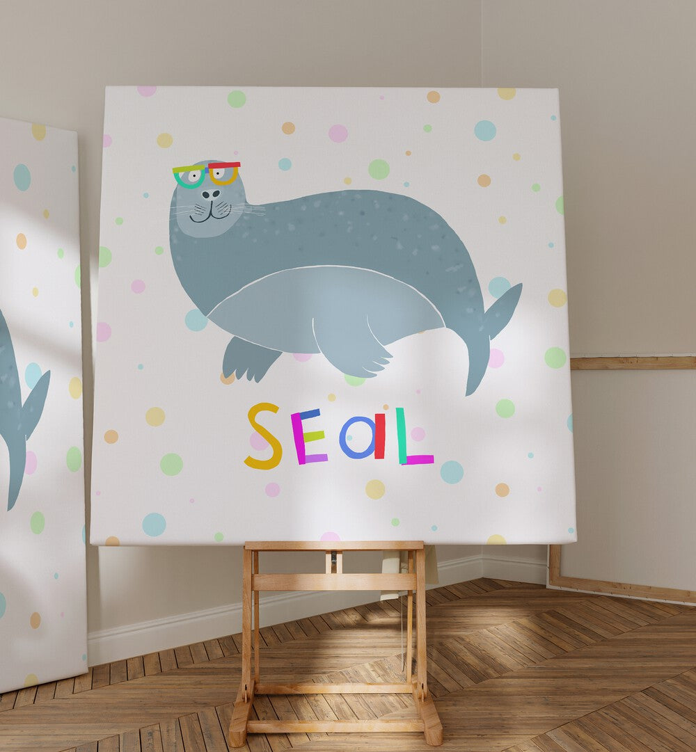 Happy Seal Wearing A Large Pair Of Glasses By Carla Daly Kids Room Paintings placed on a wall
