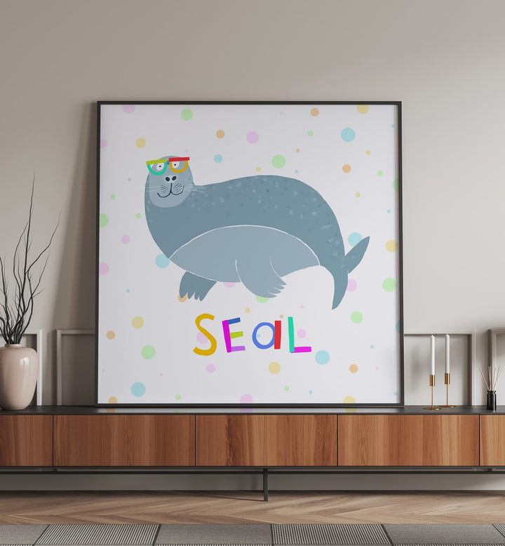 Happy Seal Wearing A Large Pair Of Glasses By Carla Daly Kids Room Paintings placed on a wall