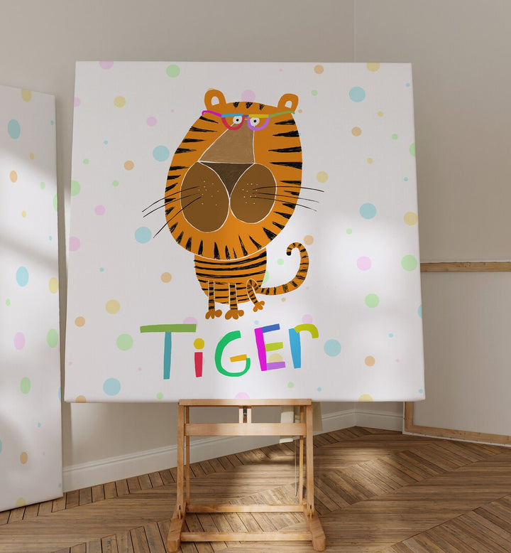 Happy Tiger Wearing Glasses By Carla Daly Kids Room Paintings placed on a wall