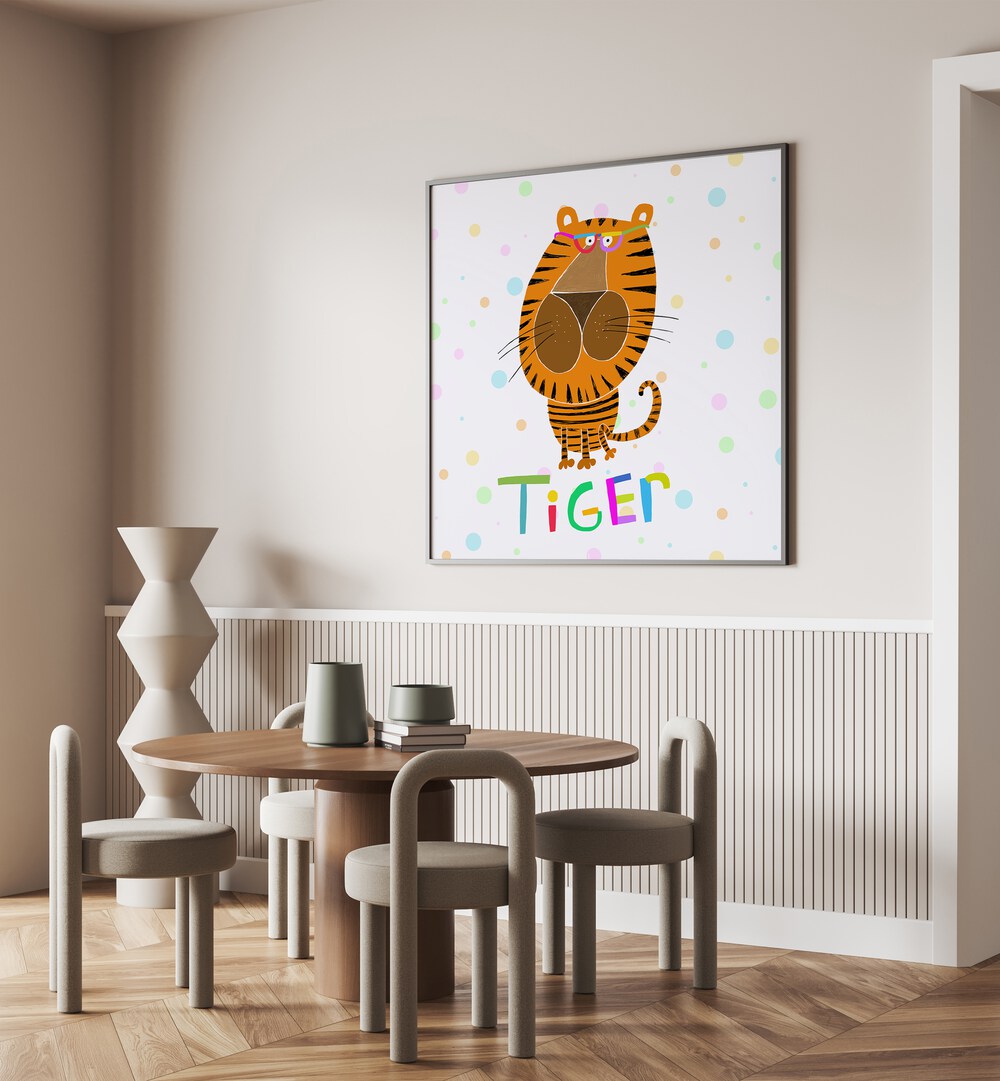 Happy Tiger Wearing Glasses By Carla Daly Kids Room Paintings placed on a wall