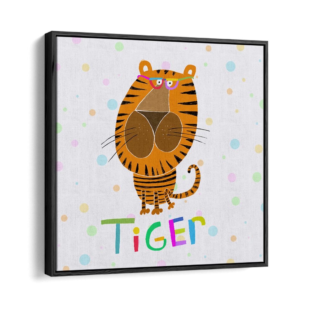 Happy Tiger Wearing Glasses By Carla Daly Kids Room Painting in Black Floater Frame