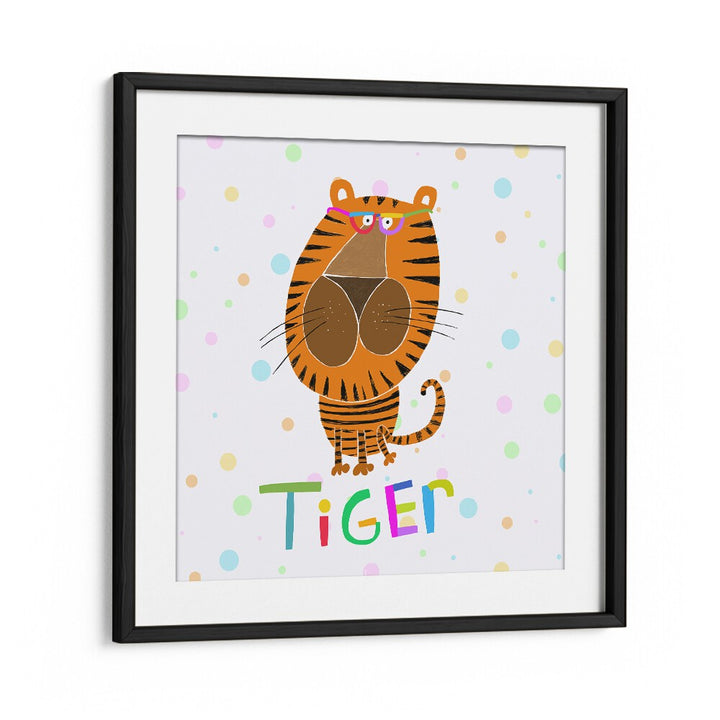 Happy Tiger Wearing Glasses By Carla Daly Kids Room Painting in Black Frame With Mount