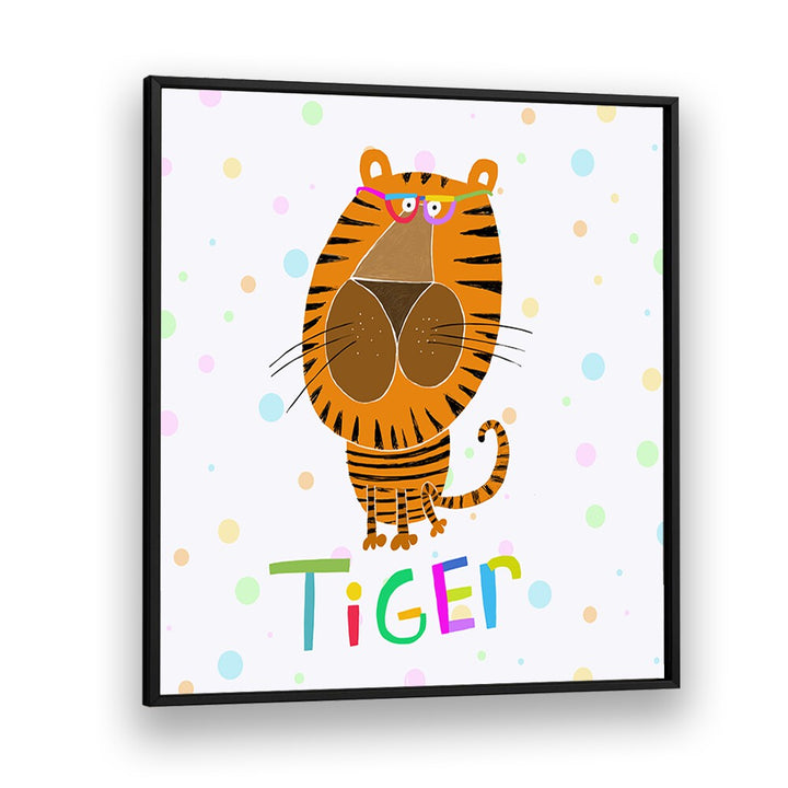 Happy Tiger Wearing Glasses By Carla Daly Kids Room Painting in Black Plain Frame