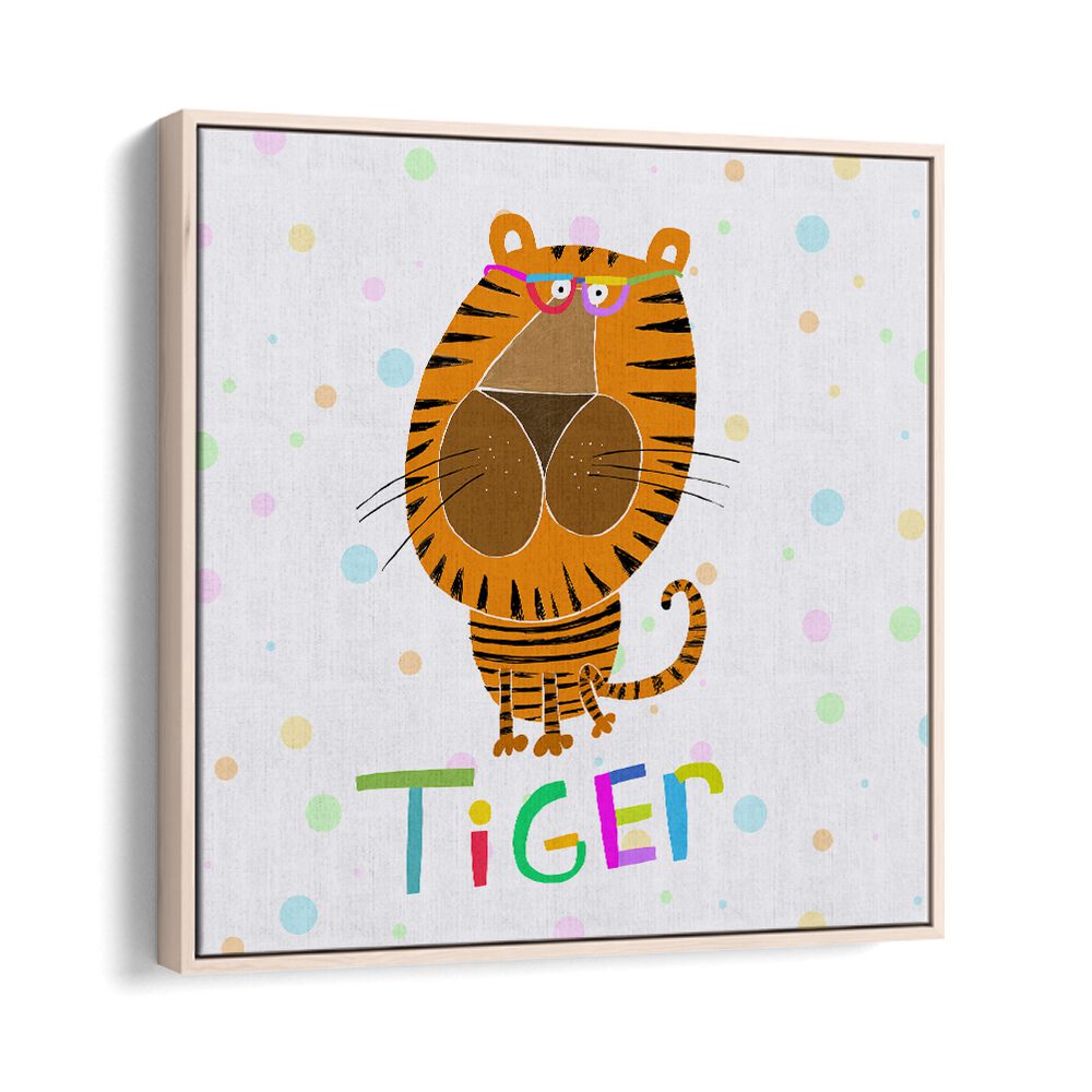 Happy Tiger Wearing Glasses By Carla Daly Kids Room Painting in Oak Wood Floater Frame