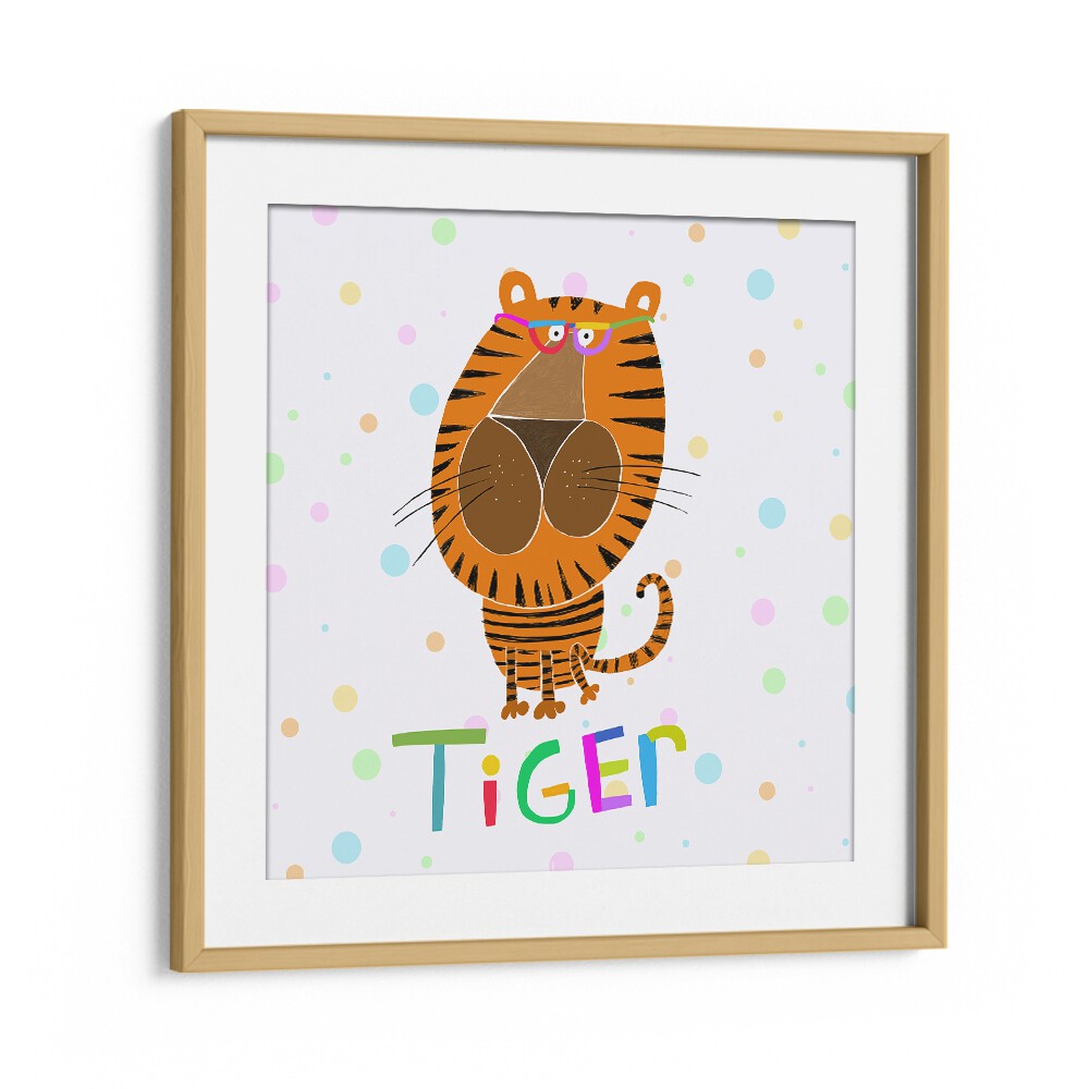 Happy Tiger Wearing Glasses By Carla Daly Kids Room Painting in Oak Wood Frame With Mount