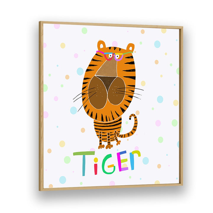 Happy Tiger Wearing Glasses By Carla Daly Kids Room Painting in Oak Wood Plain Frame