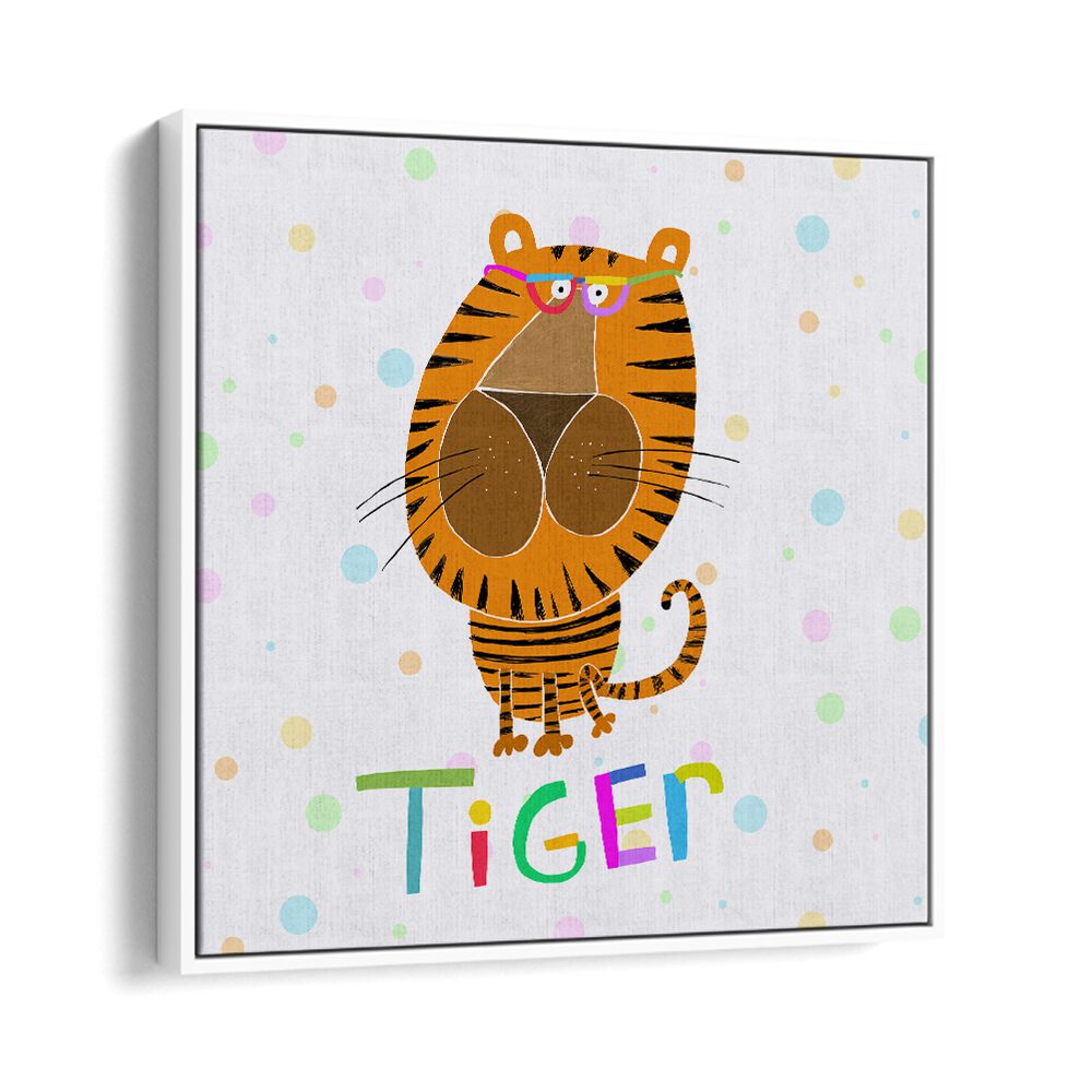 Happy Tiger Wearing Glasses By Carla Daly Kids Room Painting in White Floater Frame