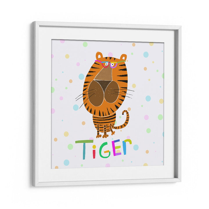 Happy Tiger Wearing Glasses By Carla Daly Kids Room Painting in White Frame With Mount