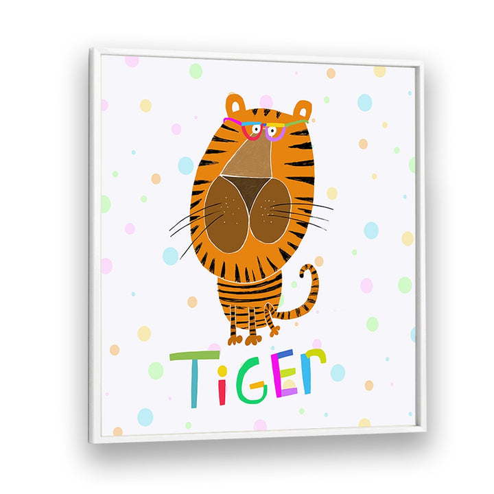 Happy Tiger Wearing Glasses By Carla Daly Kids Room Painting in White Plain Frame