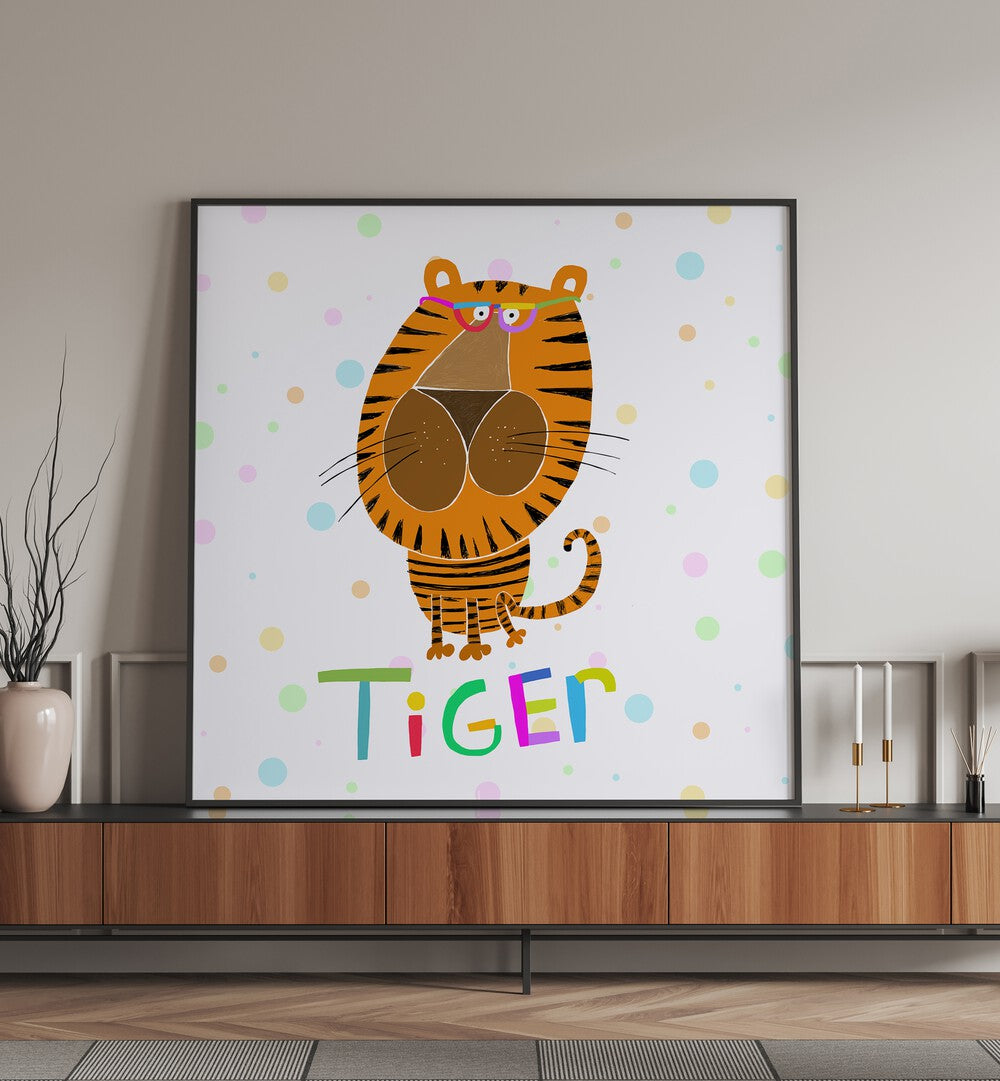 Happy Tiger Wearing Glasses By Carla Daly Kids Room Paintings placed on a wall