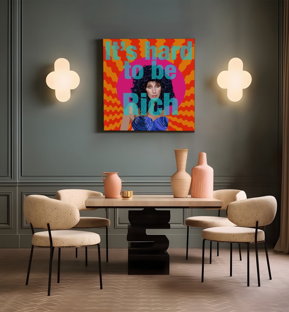 Hard to Be Rich By Lynnda Rakos Pop Art Paintings Pop Art Prints in Gallery Wrap placed on a wall behind a dining table 