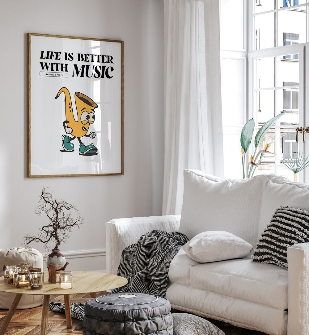 Harmony In Every Note Life Is Better With Music Quotes and Typography Posters in Oak Wood Plain Frame placed on a wall beside a sofa and a window