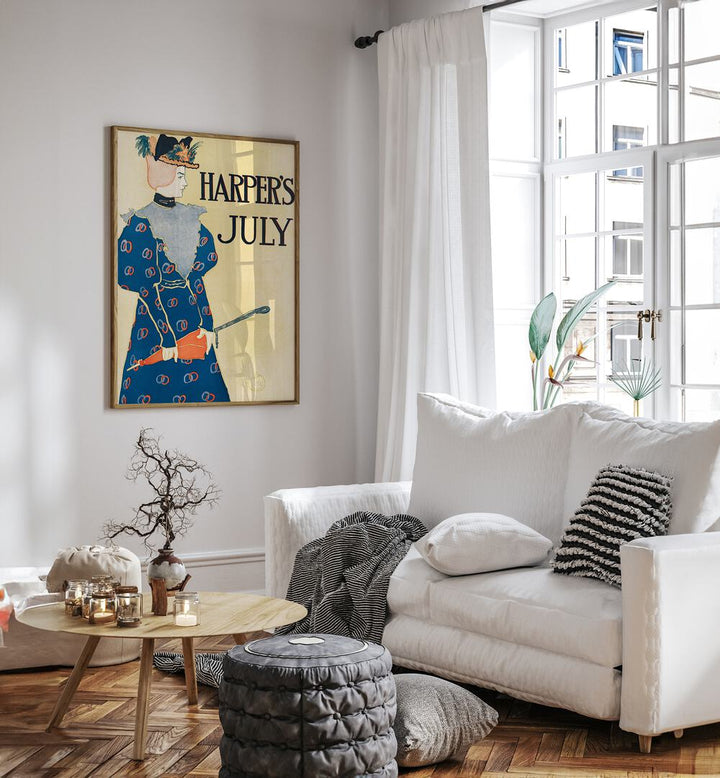 Harpers July 1896 Woman Holding An Umbrella Illustration Vintage Paintings in Oak Wood Plain Frame placed on a living room wall beside a white sofa and a window