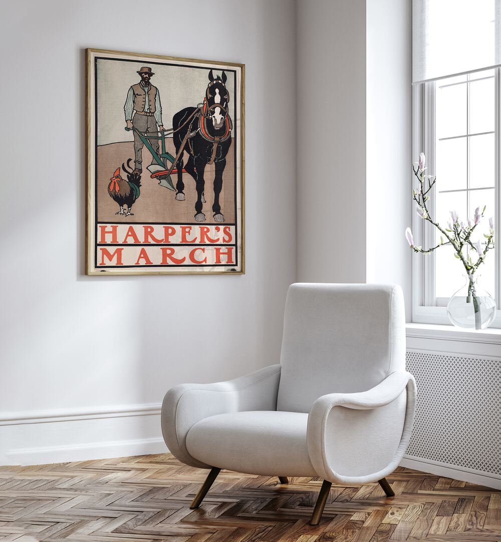 Harpers March Man With Rooster And Horse 1890-1907 Vintage Paintings in Oak Wood Plain Frame placed on a white wall beside a white sofa and a window