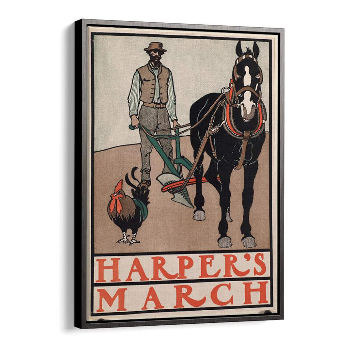 Harpers March Man With Rooster And Horse 1890-1907 Vintage Paintings in Black Floater Frame