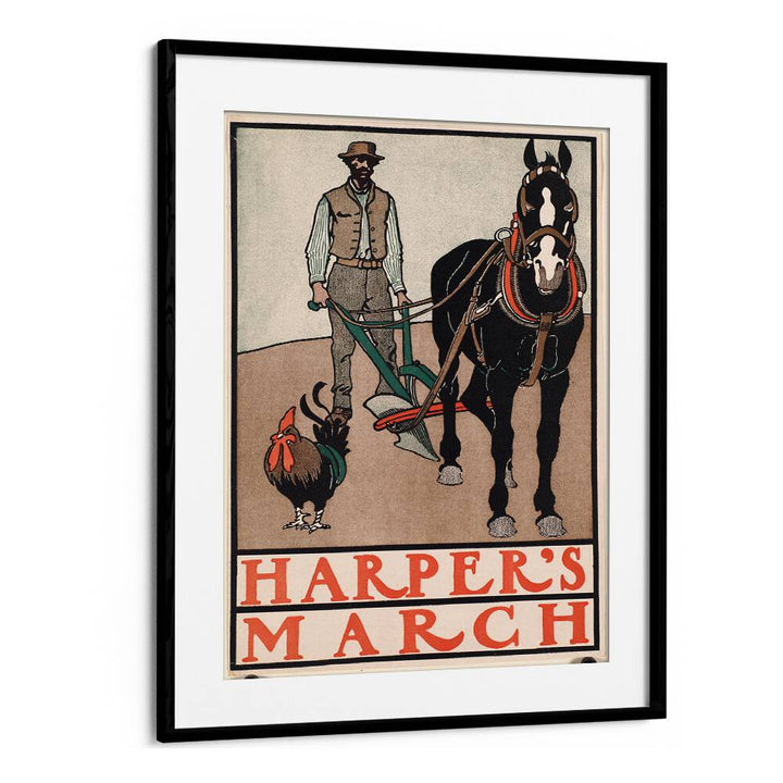 Harpers March Man With Rooster And Horse 1890-1907 Vintage Paintings in Black Frame With Mount