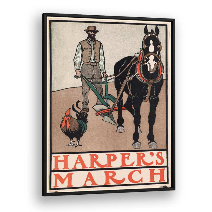 Harpers March Man With Rooster And Horse 1890-1907 Vintage Paintings in Black Plain Frame