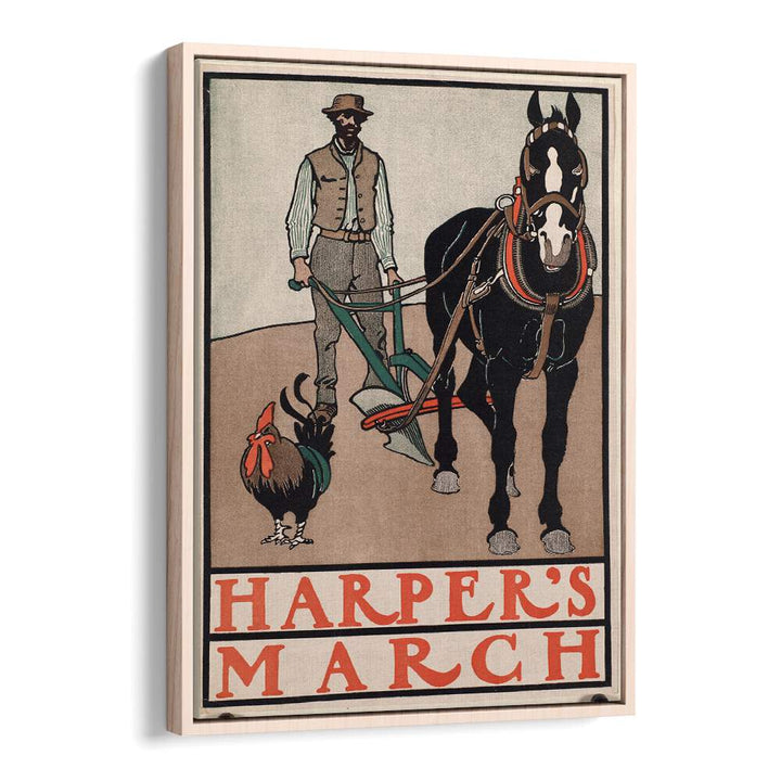 Harpers March Man With Rooster And Horse 1890-1907 Vintage Paintings in Oak Wood Floater Frame
