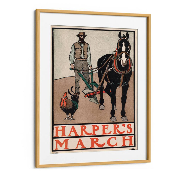 Harpers March Man With Rooster And Horse 1890-1907 Vintage Paintings in Oak Wood Frame With Mount