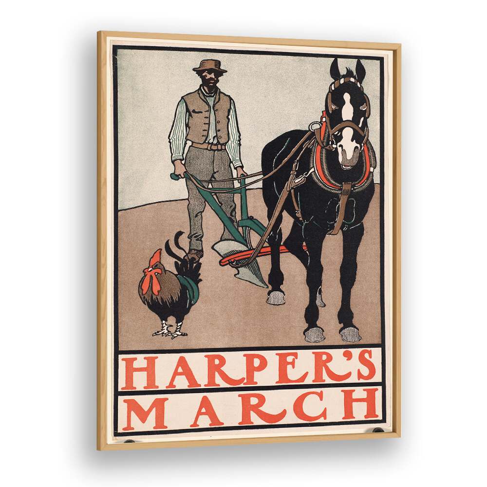 Harpers March Man With Rooster And Horse 1890-1907 Vintage Paintings in Oak Wood Plain Frame