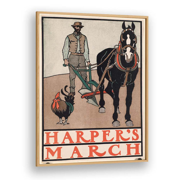 Harpers March Man With Rooster And Horse 1890-1907 Vintage Paintings in Oak Wood Plain Frame
