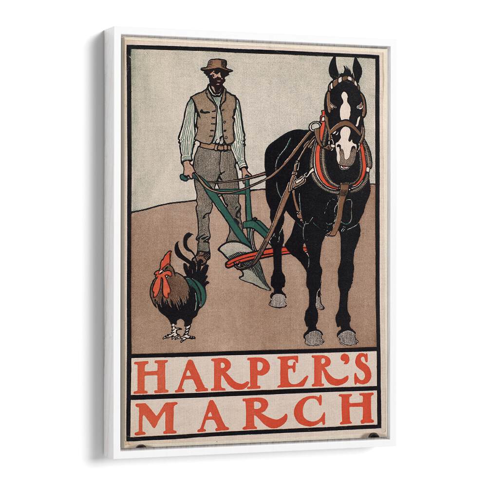 Harpers March Man With Rooster And Horse 1890-1907 Vintage Paintings in White Floater Frame