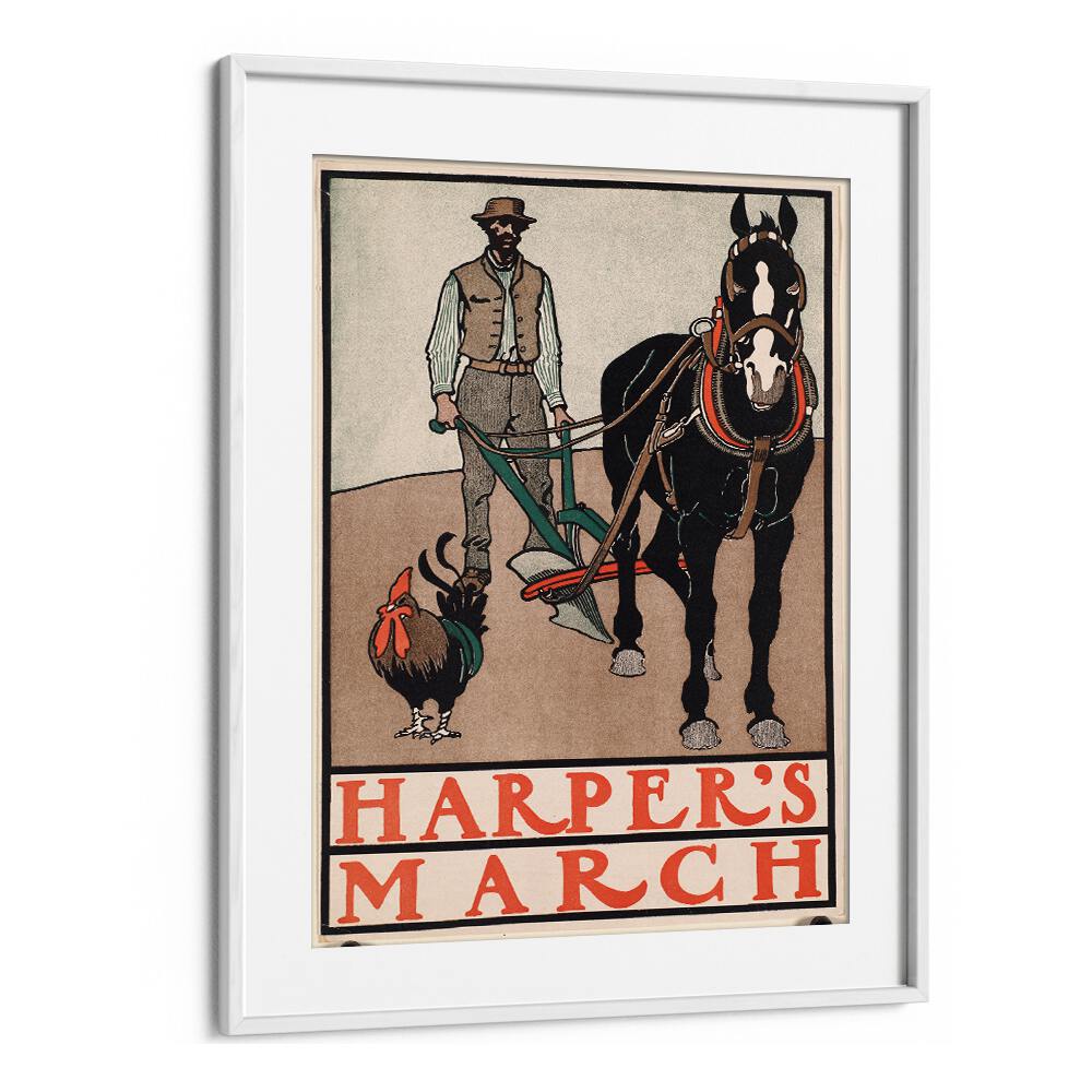 Harpers March Man With Rooster And Horse 1890-1907 Vintage Paintings in White Frame With Mount
