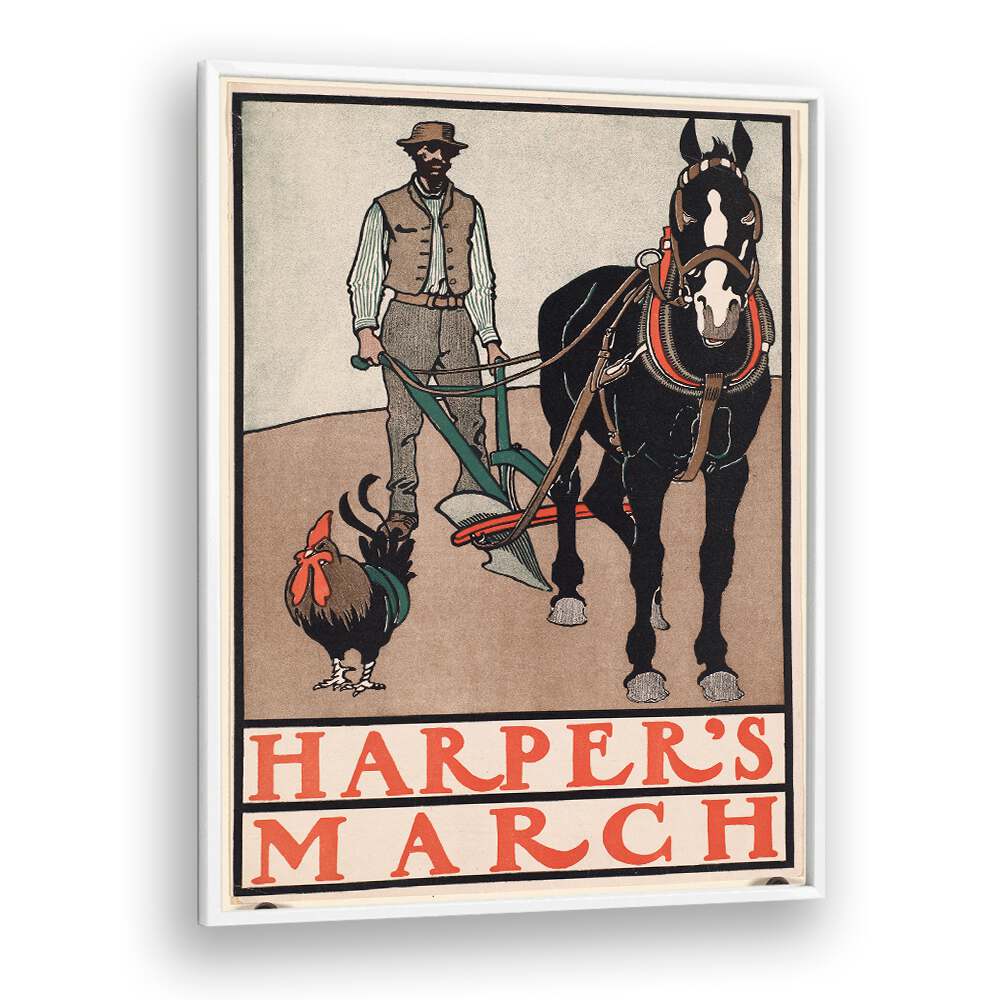 Harpers March Man With Rooster And Horse 1890-1907 Vintage Paintings in White Plain Frame