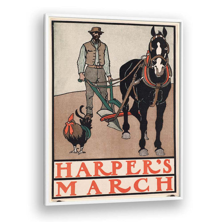 Harpers March Man With Rooster And Horse 1890-1907 Vintage Paintings in White Plain Frame