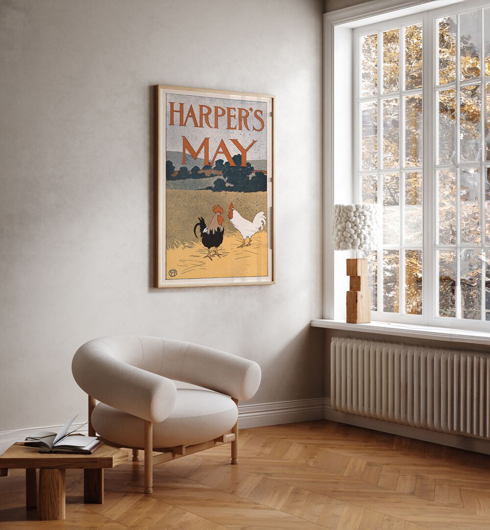 Harpers May Two Roosters In A Field 1898 Vintage Paintings in Oak Wood Plain Frame placed on a white wall between a window and a chair