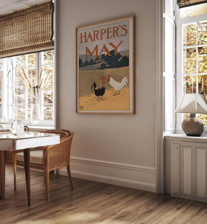 Harpers May Two Roosters In A Field 1898 Vintage Paintings in Oak Wood Plain Frame placed on a wall between two windows behind a table