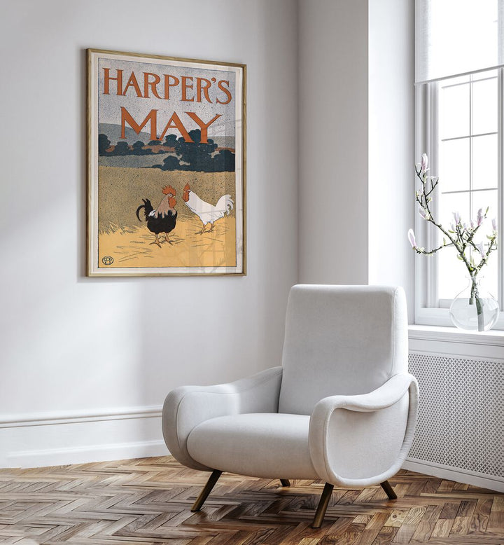 Harpers May Two Roosters In A Field 1898 Vintage Paintings in Oak Wood Plain Frame placed on a white wall beside a chair and a window