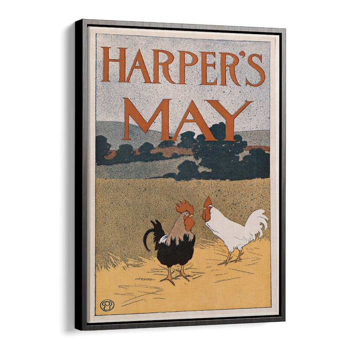 Harpers May Two Roosters In A Field 1898 Vintage Paintings in Black Floater Frame