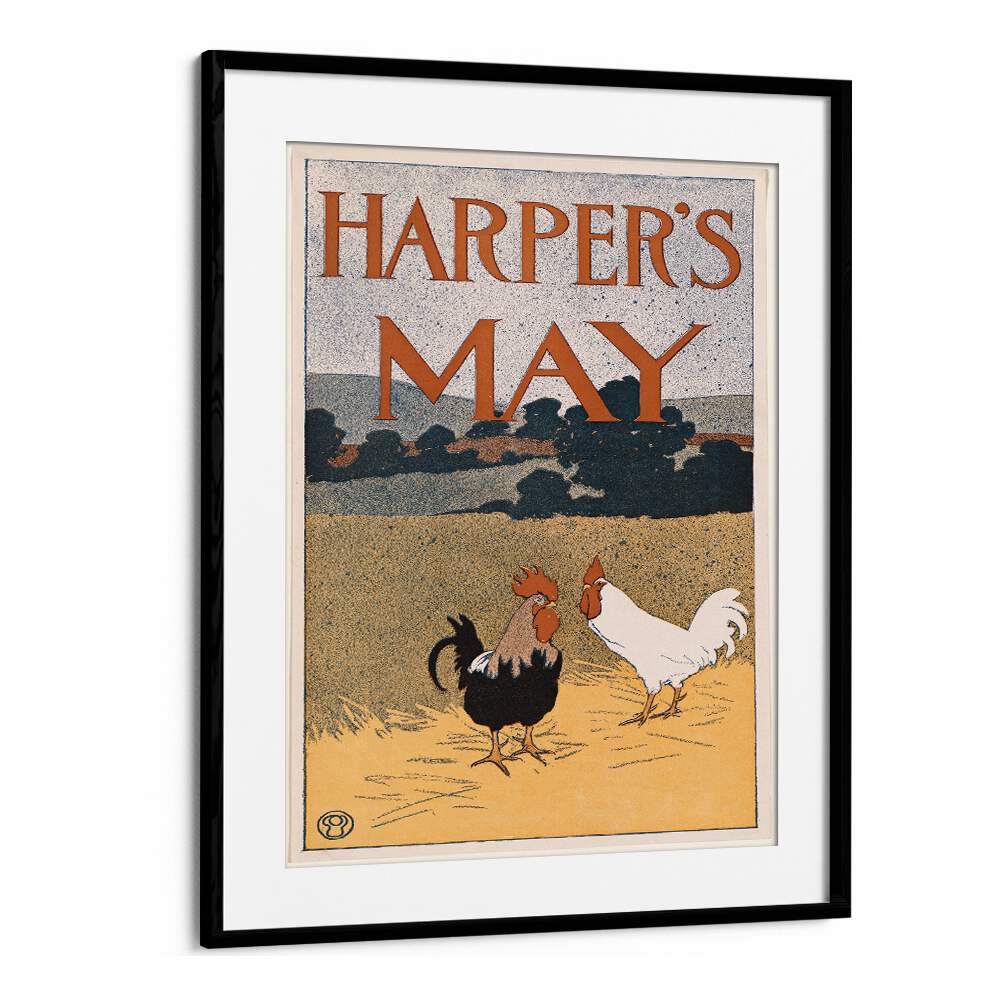 Harpers May Two Roosters In A Field 1898 Vintage Paintings in Black Frame With Mount